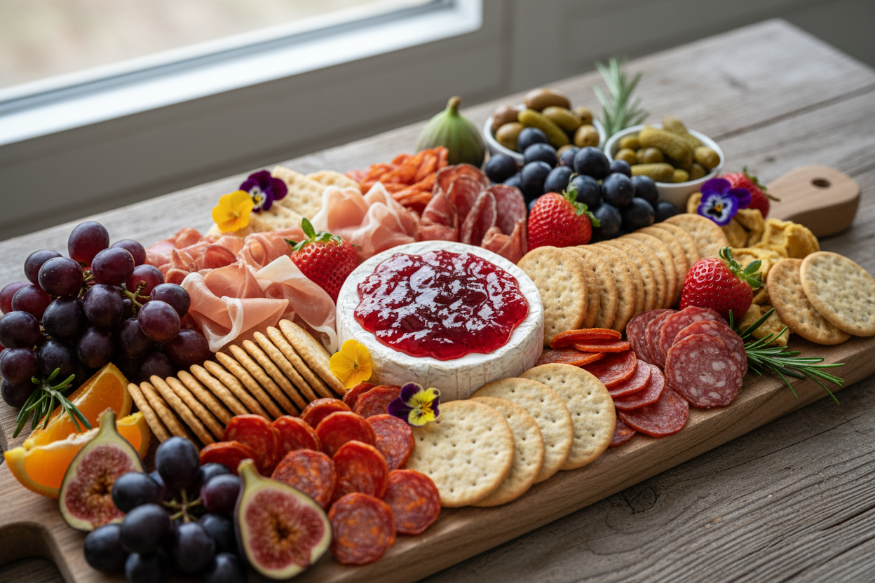 red pepper jelly on brie and charcuterie board